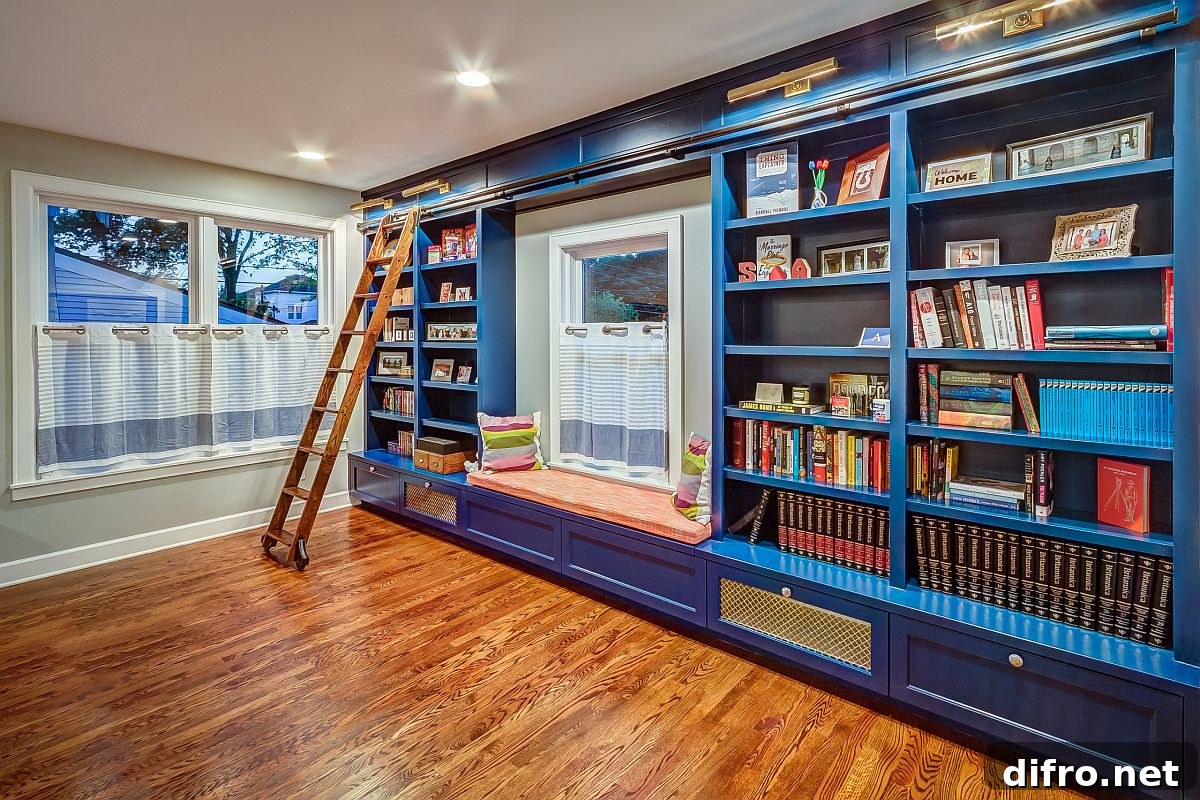 Custom built-in blue bookshelves