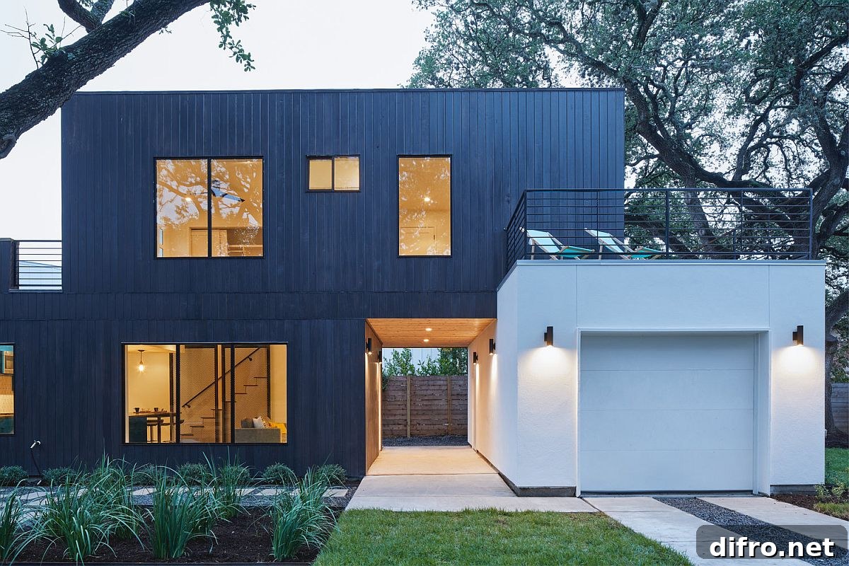 Facade of the ADU presents a contrast with dark gray and white finishes