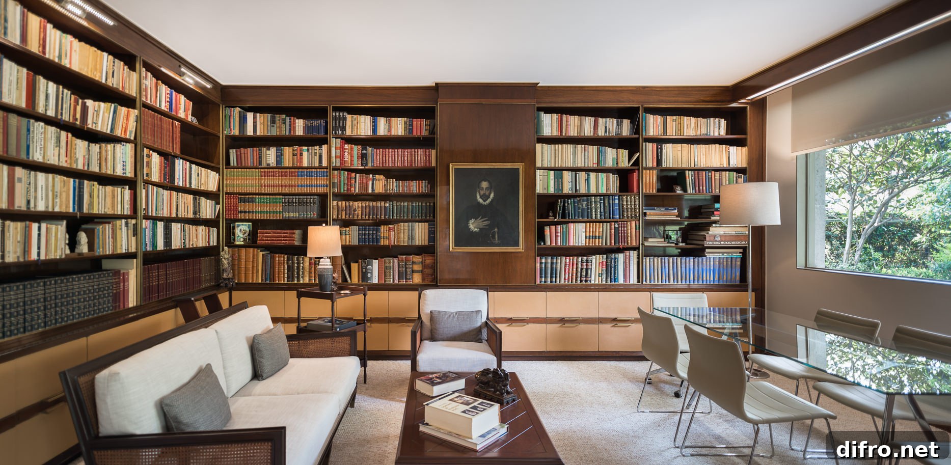 Home library with multiple seating options