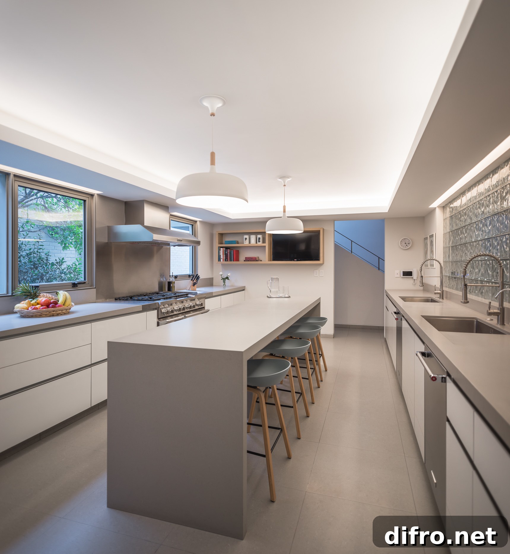 White and gray kitchen with thoughtful lighting