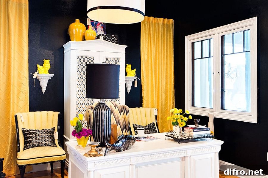 Black walls accentuate brilliant yellow accents
