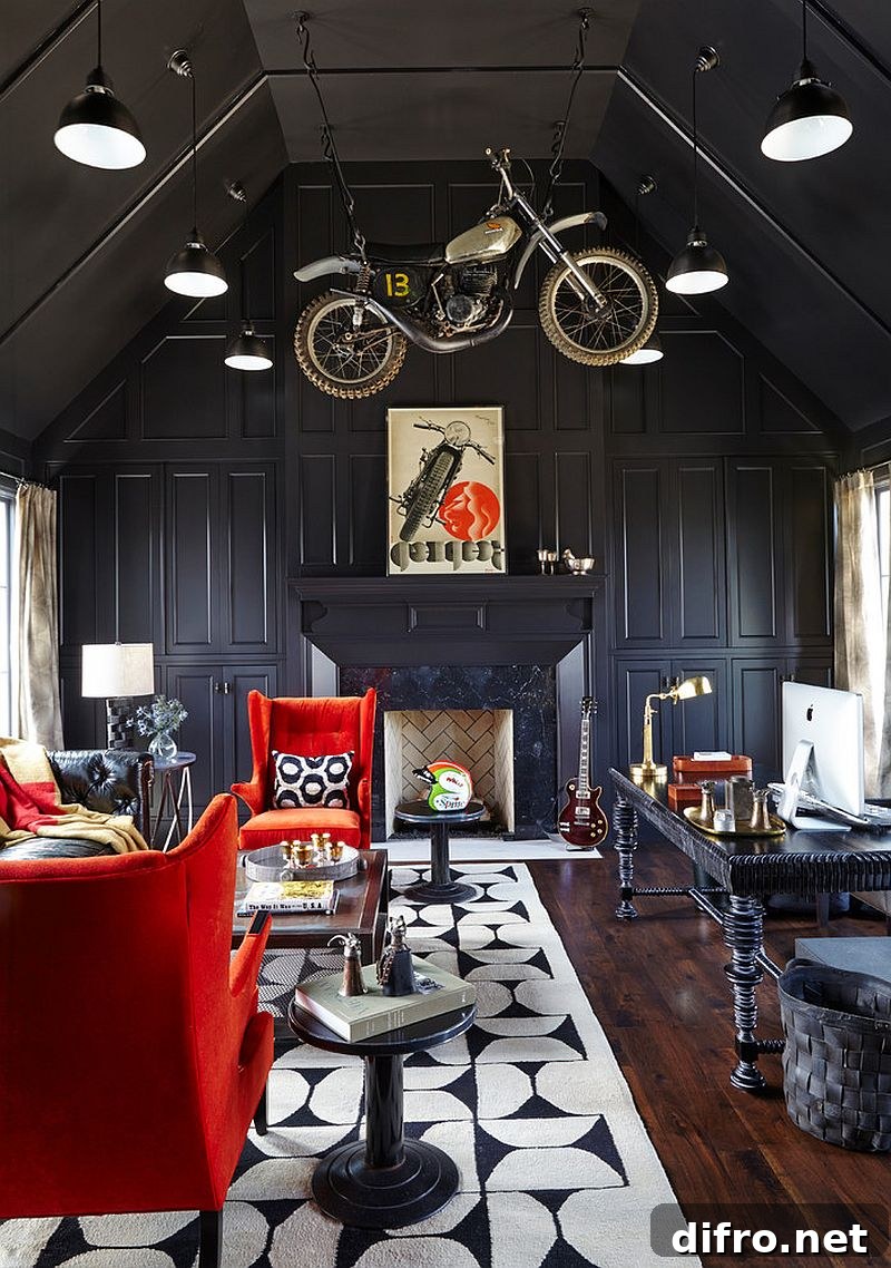 Contemporary home office in black with bold red accents