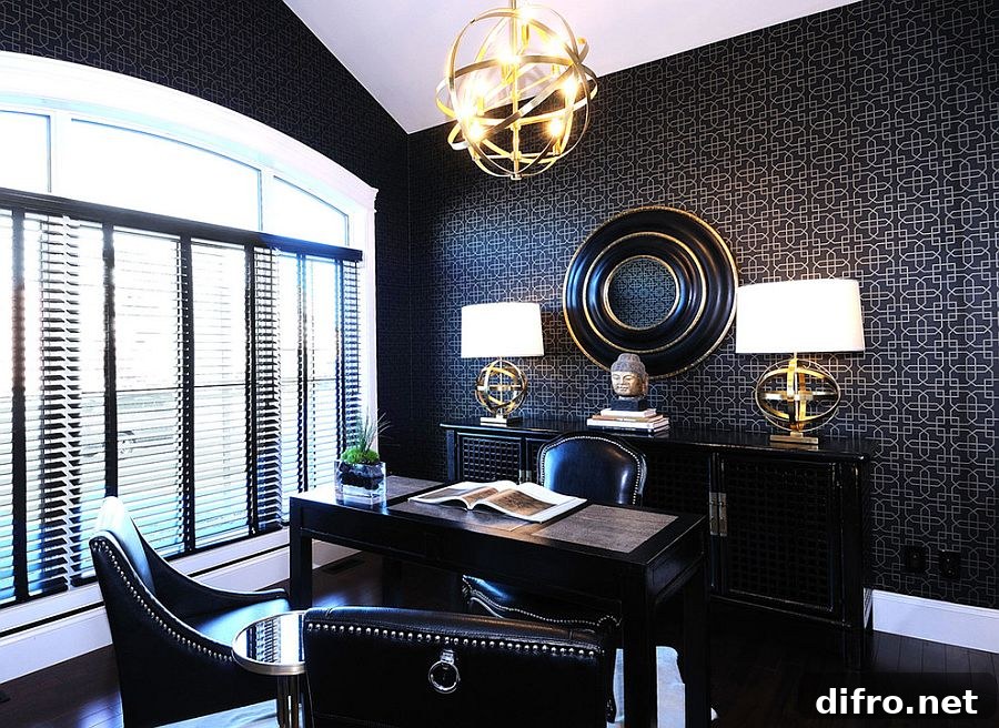 Gold metallic accents in a black home office