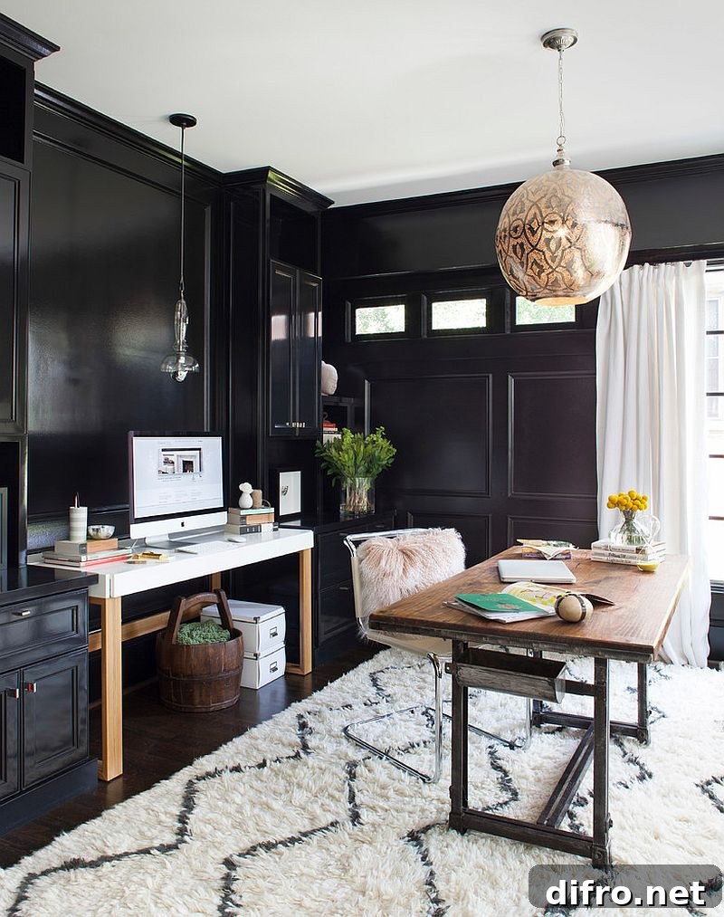 Drapes and rug bring white to this modern black home office