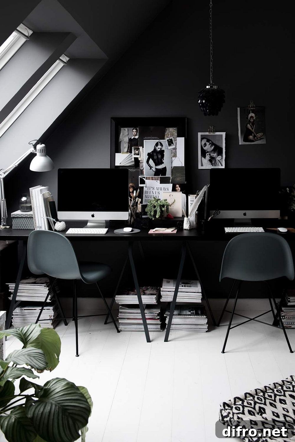 Modern Scandinavian home office in dark gray and black