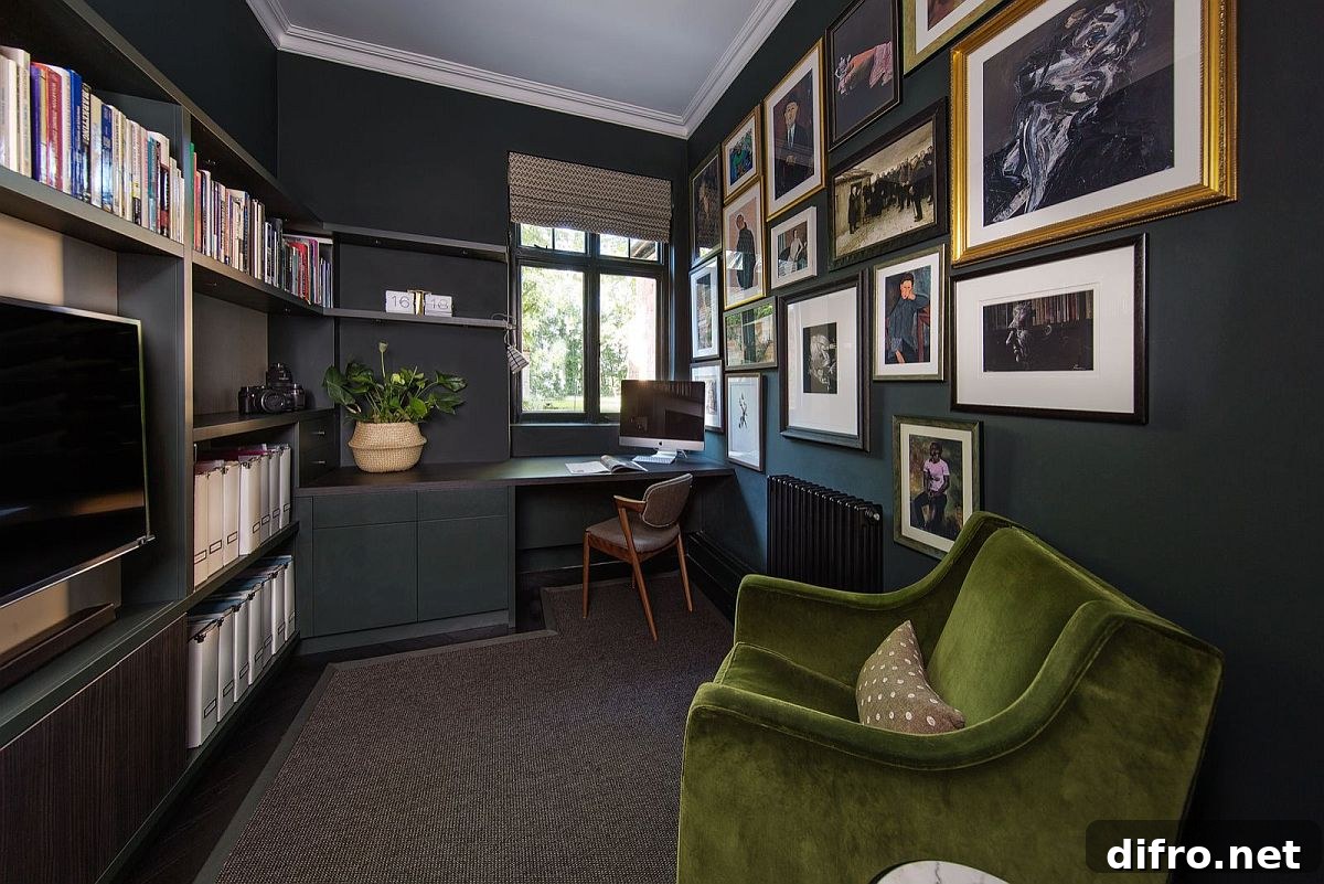 Gallery wall creates an instant focal point in this black home office