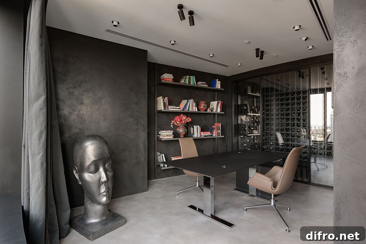 Contemporary home office with textured walls and a dark desk