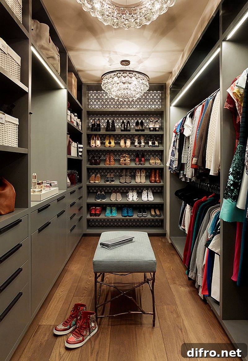 Gray cabinets and wardrobes in a modern San Francisco walk-in closet