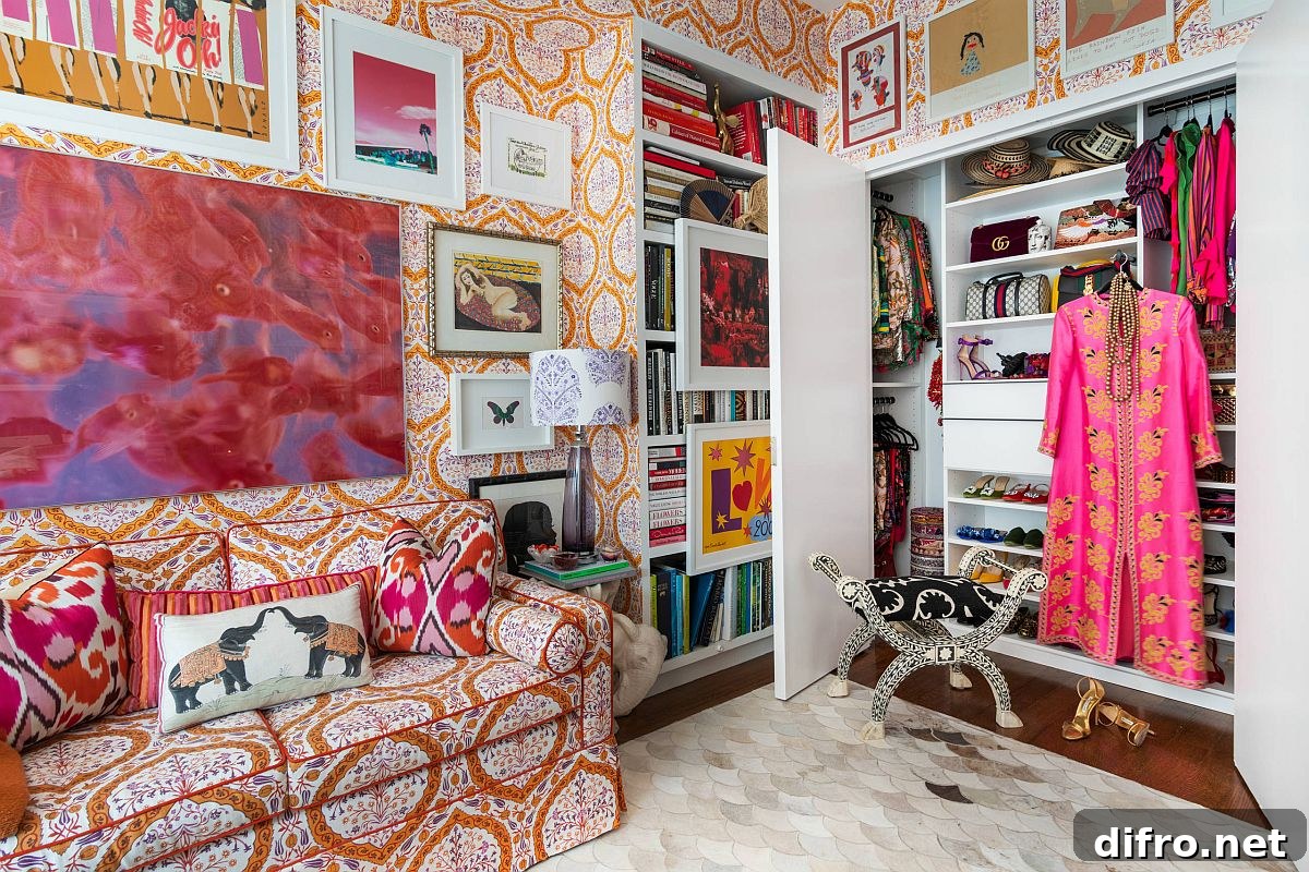 Small eclectic closet with multi-colored walls and decor