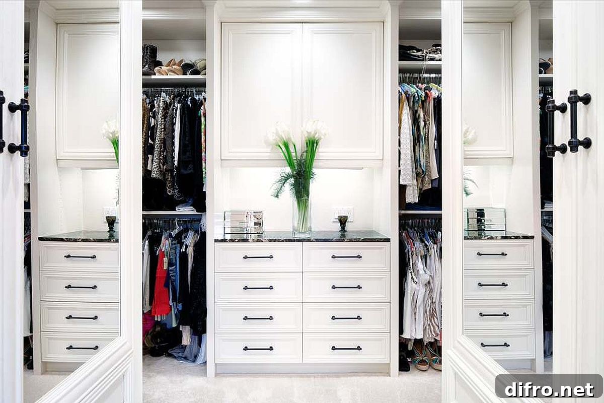 Luxurious modern eclectic closet in white with recessed lighting