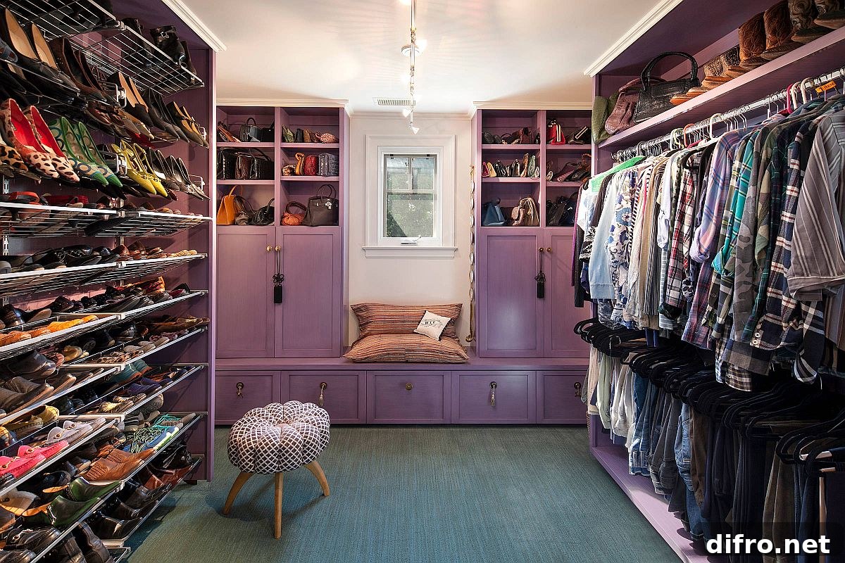 Purple cabinets and open shelves in an eclectic walk-in closet