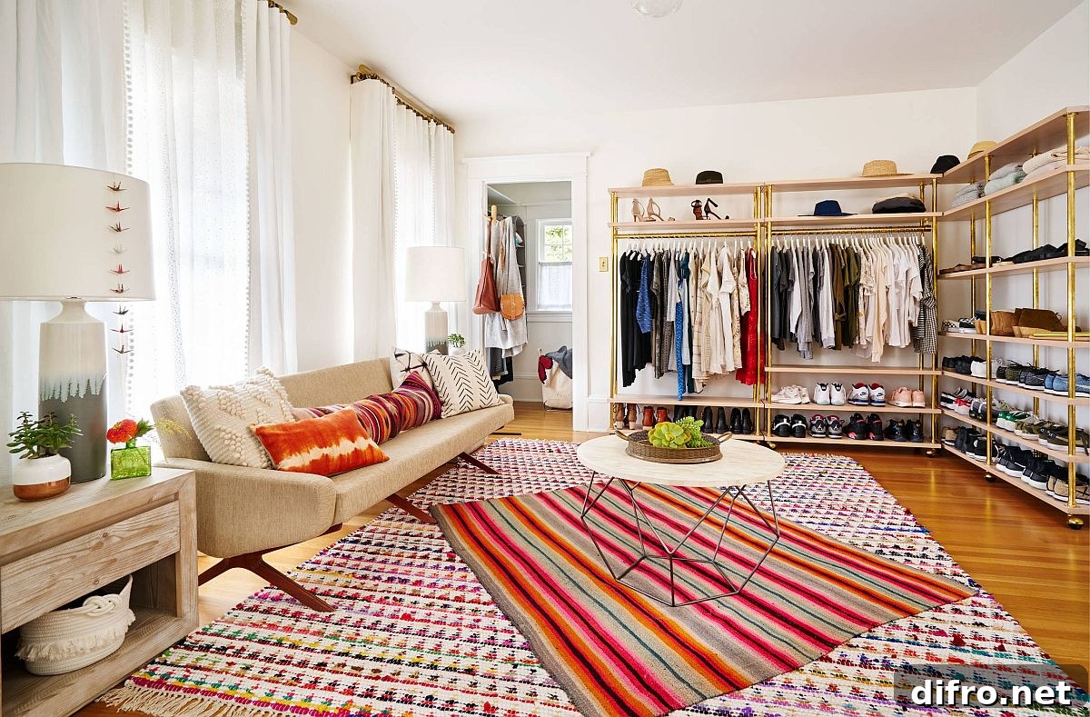 Rugs add pops of color and metallic open shelves in an eclectic closet