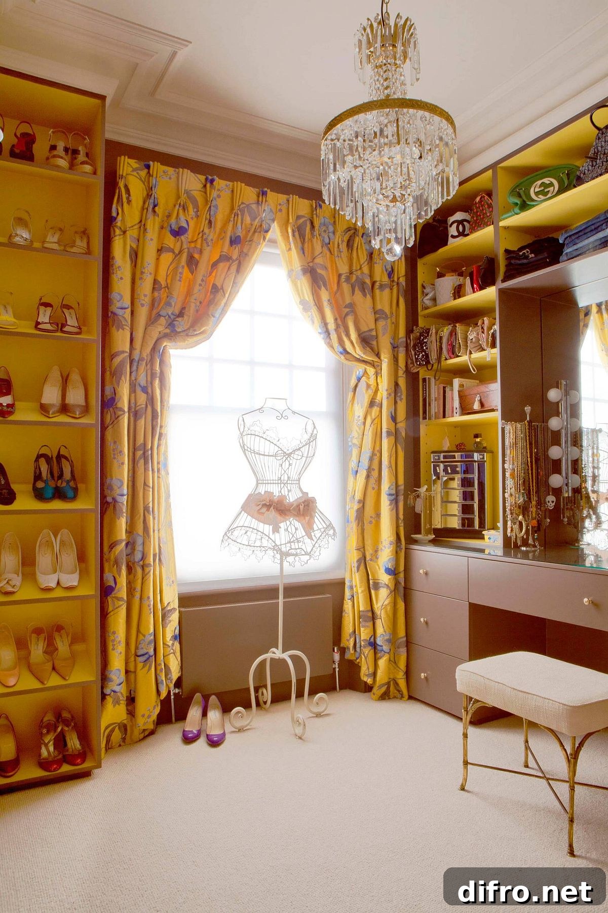 Yellow drapes and shelves in a bright eclectic walk-in closet