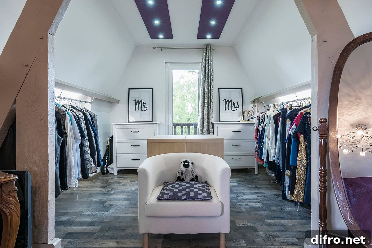 Spacious gender-neutral attic walk-in closet with ample storage