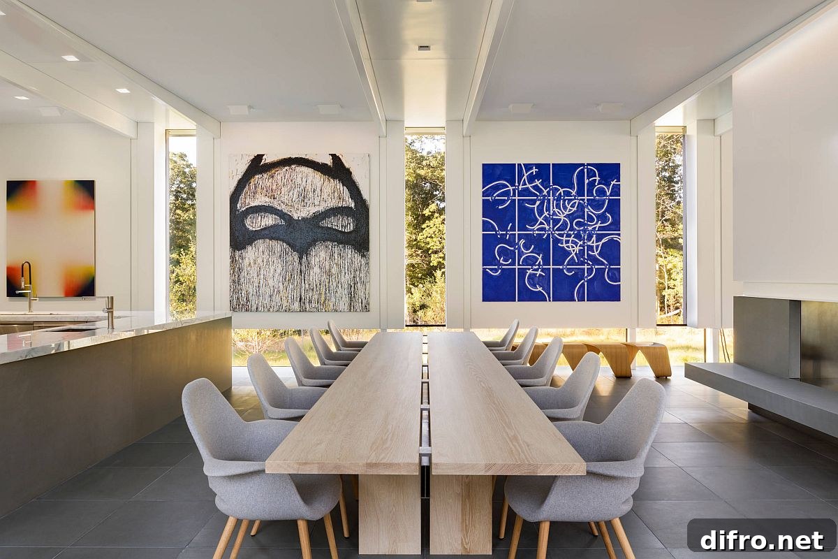 Colorful focal point in a minimal dining room