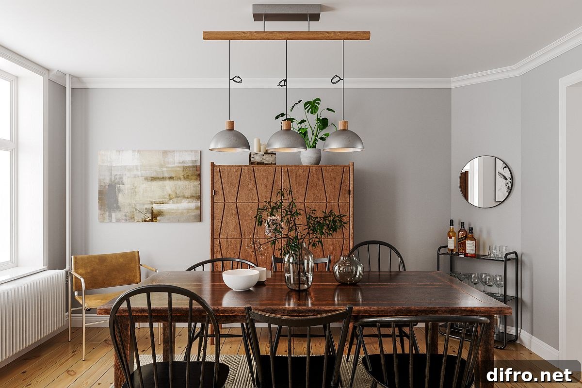 Scandinavian minimal dining room with greenery