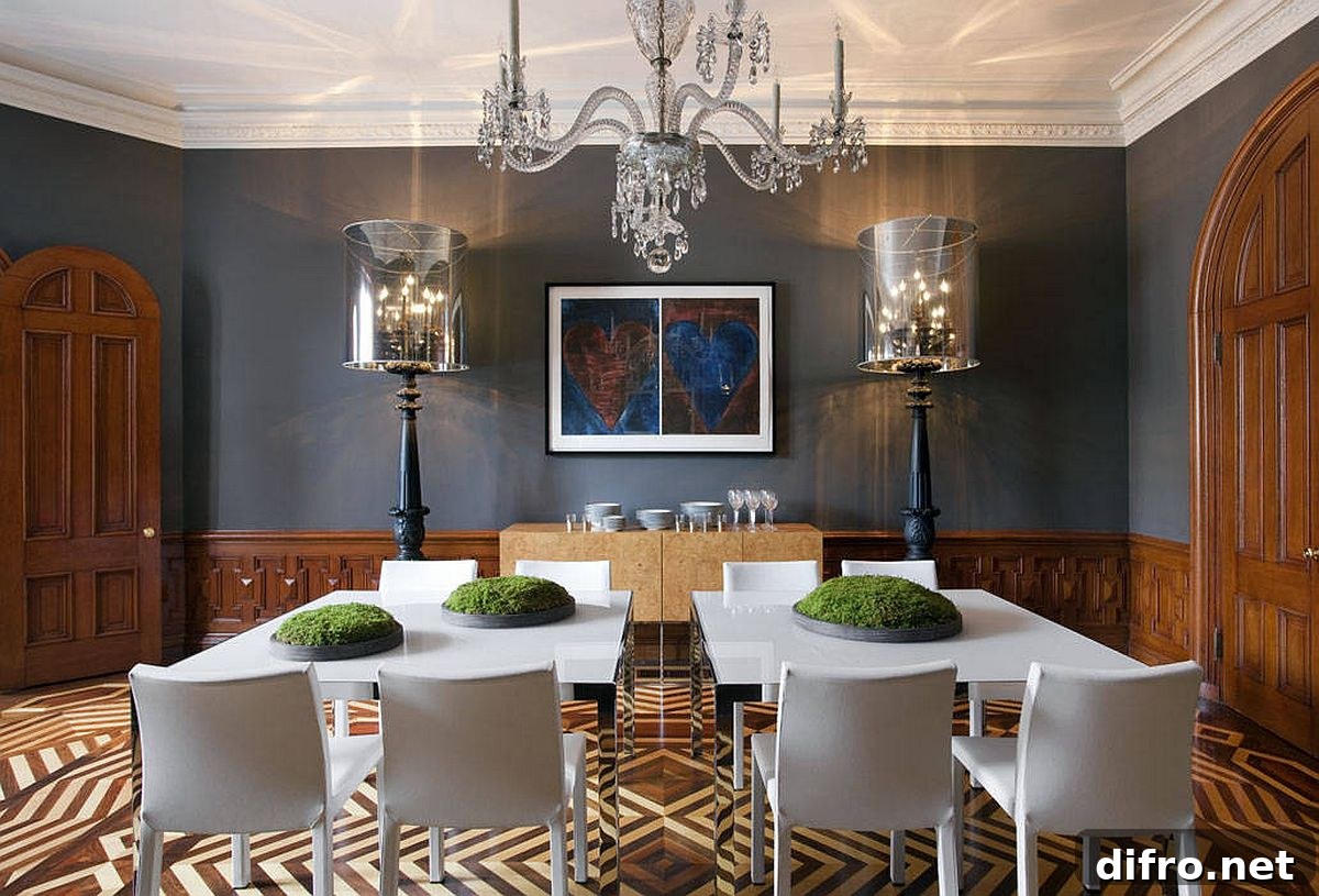 Minimal dining room with dark gray backdrop