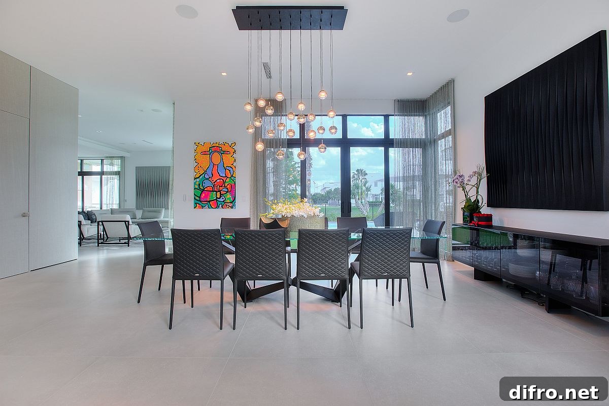 Minimal dining room with colorful wall art and chandelier