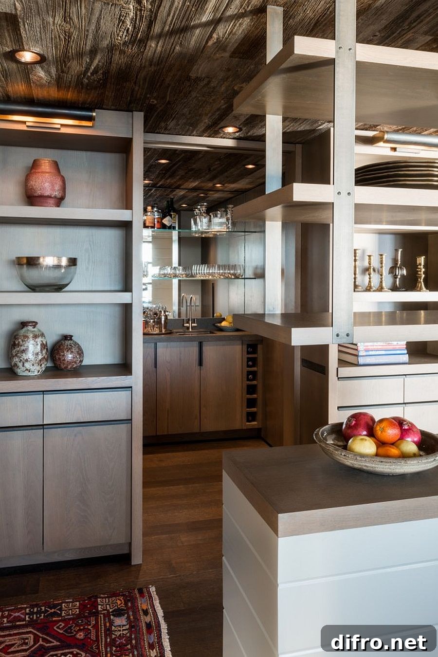 Open shelves and cabinets in the modern kitchen