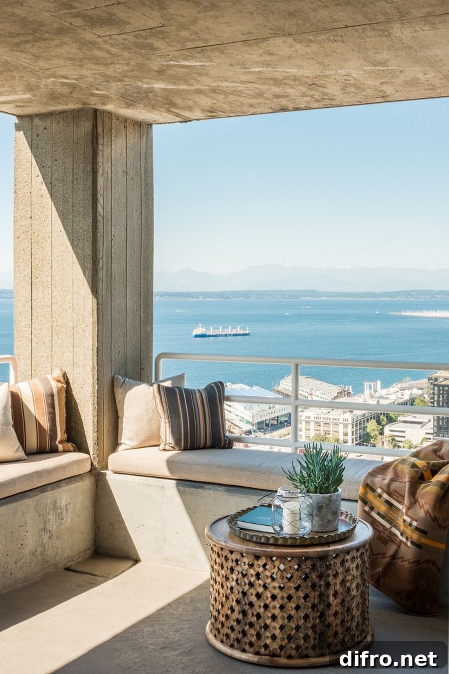 Covered balcony with views of the Olympic Peninsula