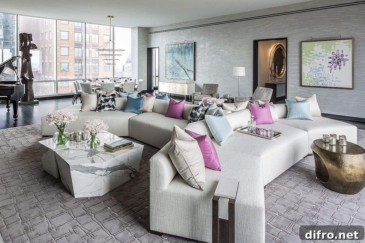 Contemporary living room with multiple sofas and neutral color scheme