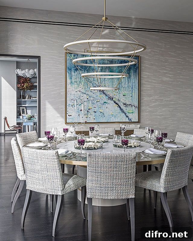 Contemporary dining room with round table and chandelier