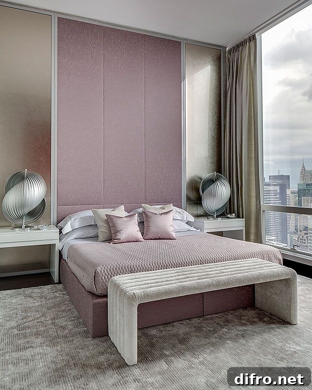 Bedroom featuring neutral tones and purple accents