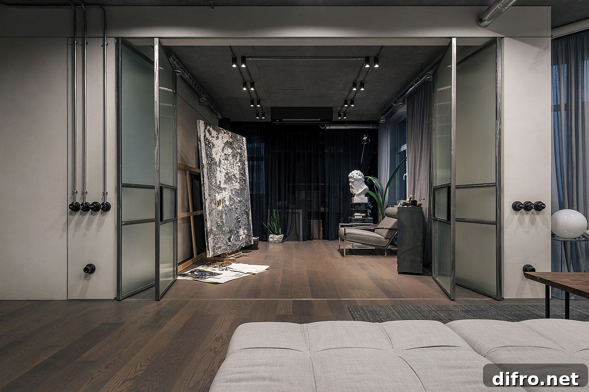Folding glass doors delineate the living area from the artistic zone