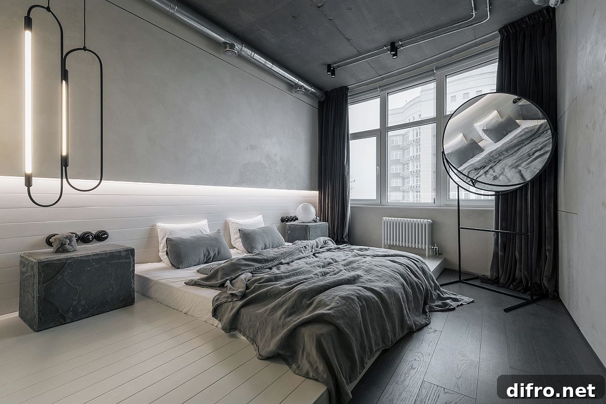 Modern industrial bedroom has a monochromatic black and white look along with innovative lighting