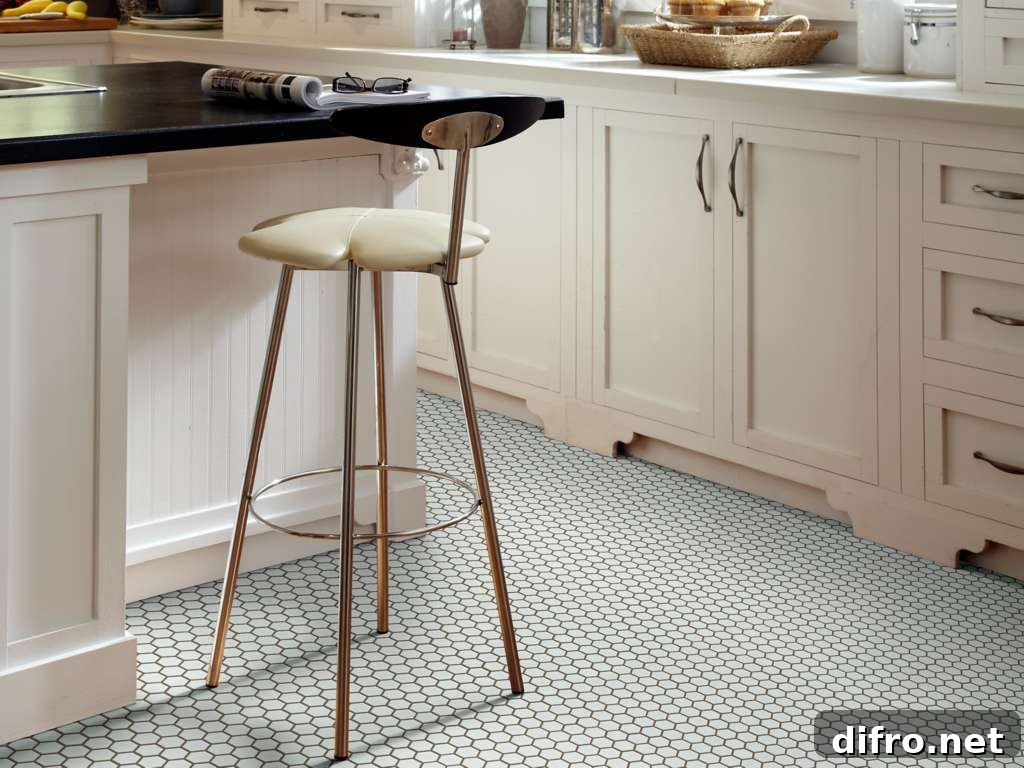 Small hexagonal kitchen floor tile in modern kitchen