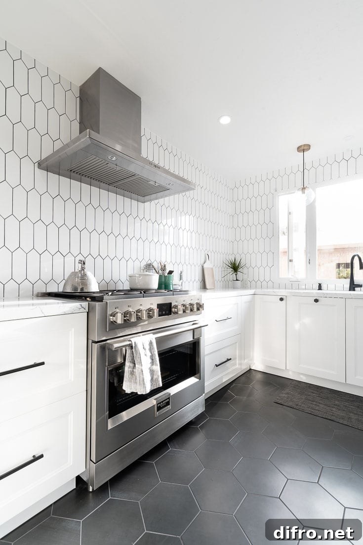 Black hexagonal porcelain tiles in kitchen