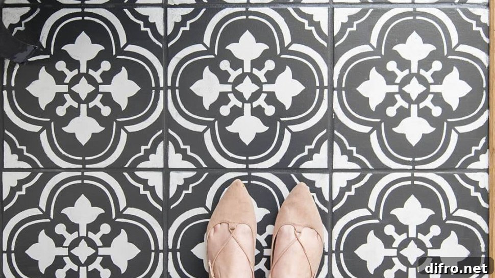 Black and white painted ceramic floor tile project