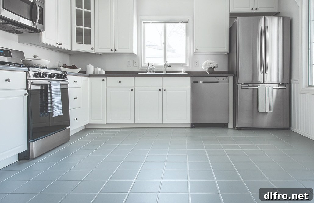 DIY painted kitchen floor using floor paint and topcoat
