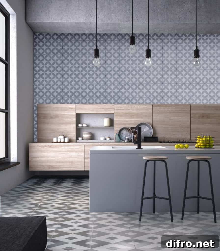 Diamond pattern cement tile on kitchen floor