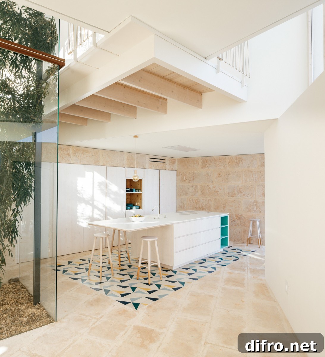 Colorful hexagonal cement tile laid like a rug in kitchen