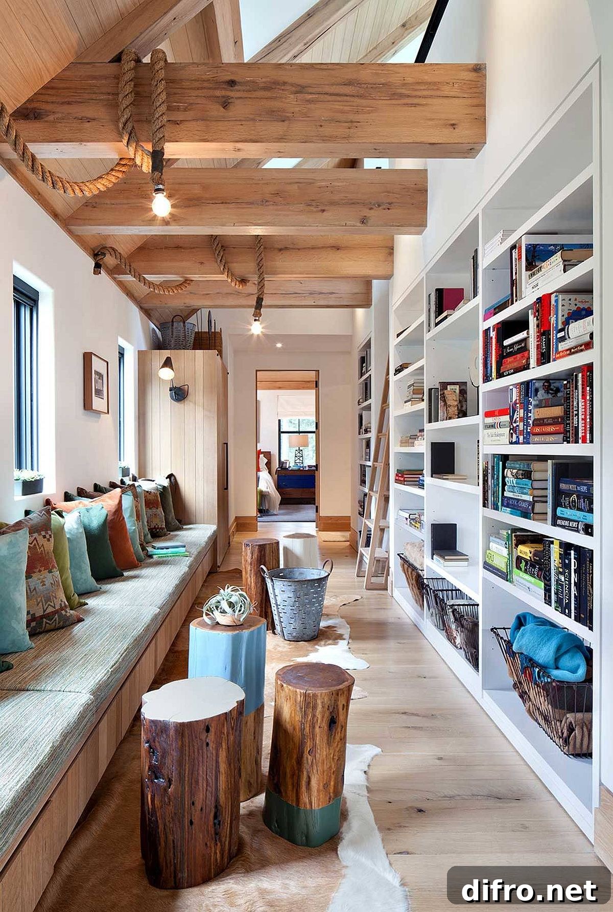 Rustic hallway reading nook