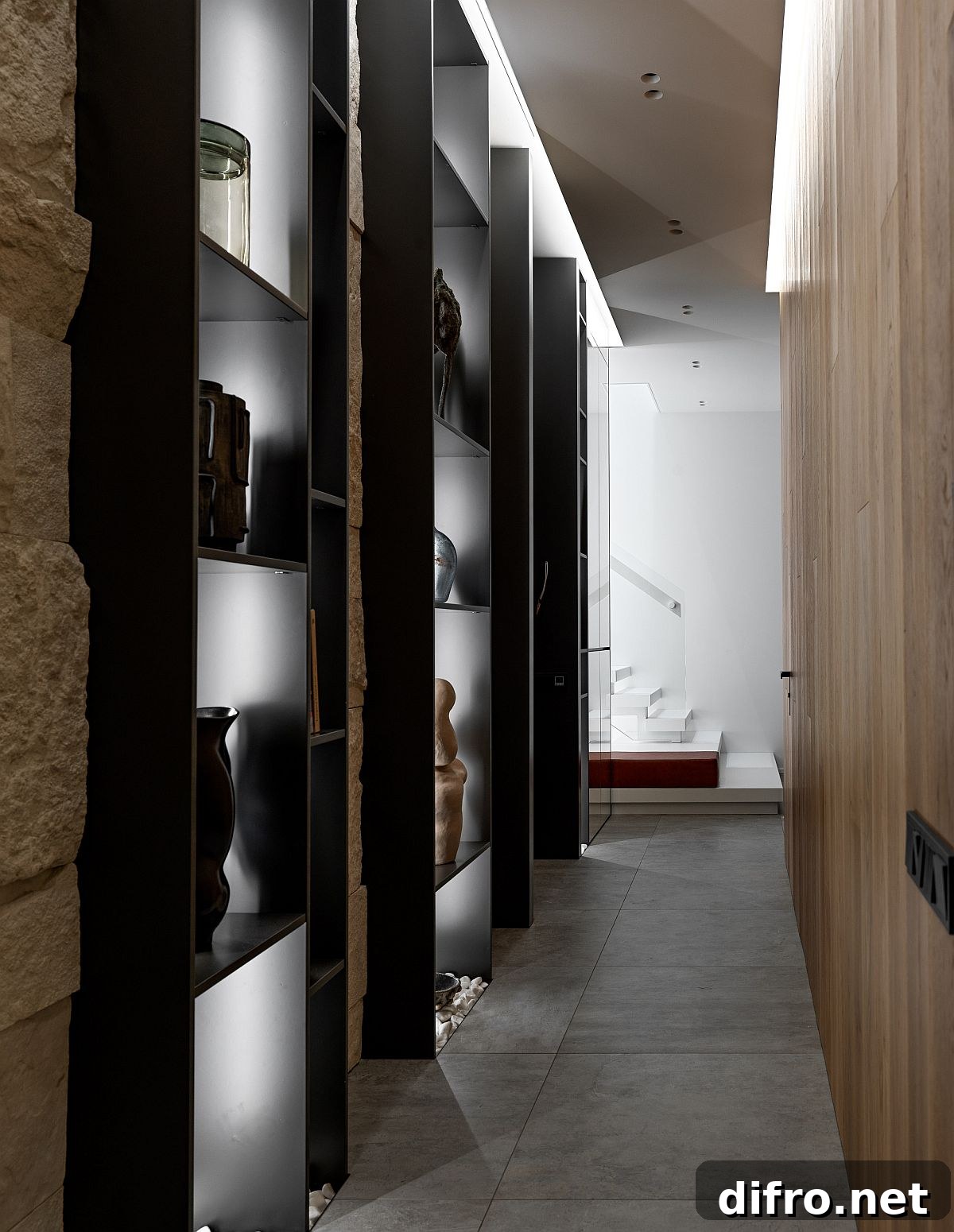 Illuminated display shelves in hallway