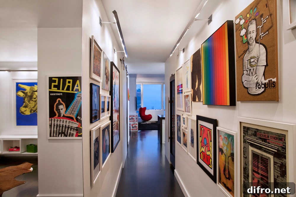 Colorful hallway gallery wall
