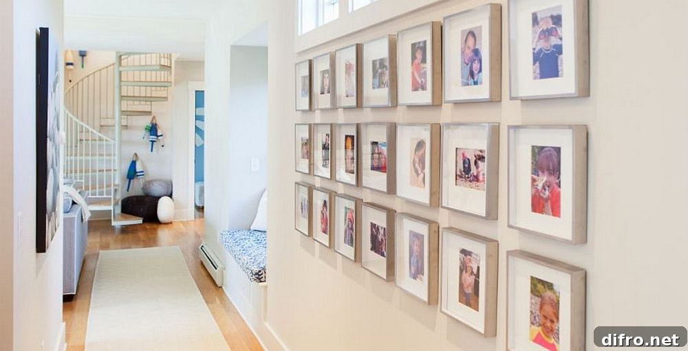 Framed photographs along hallway