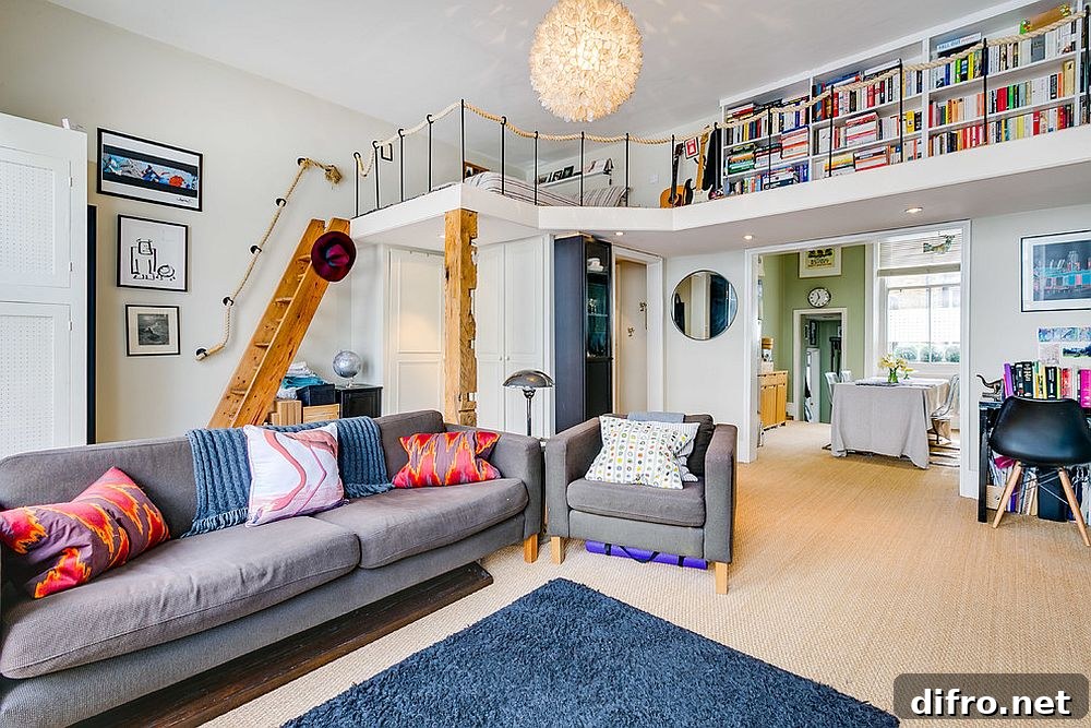 Modern apartment interior showcasing a striking mezzanine level above the living area