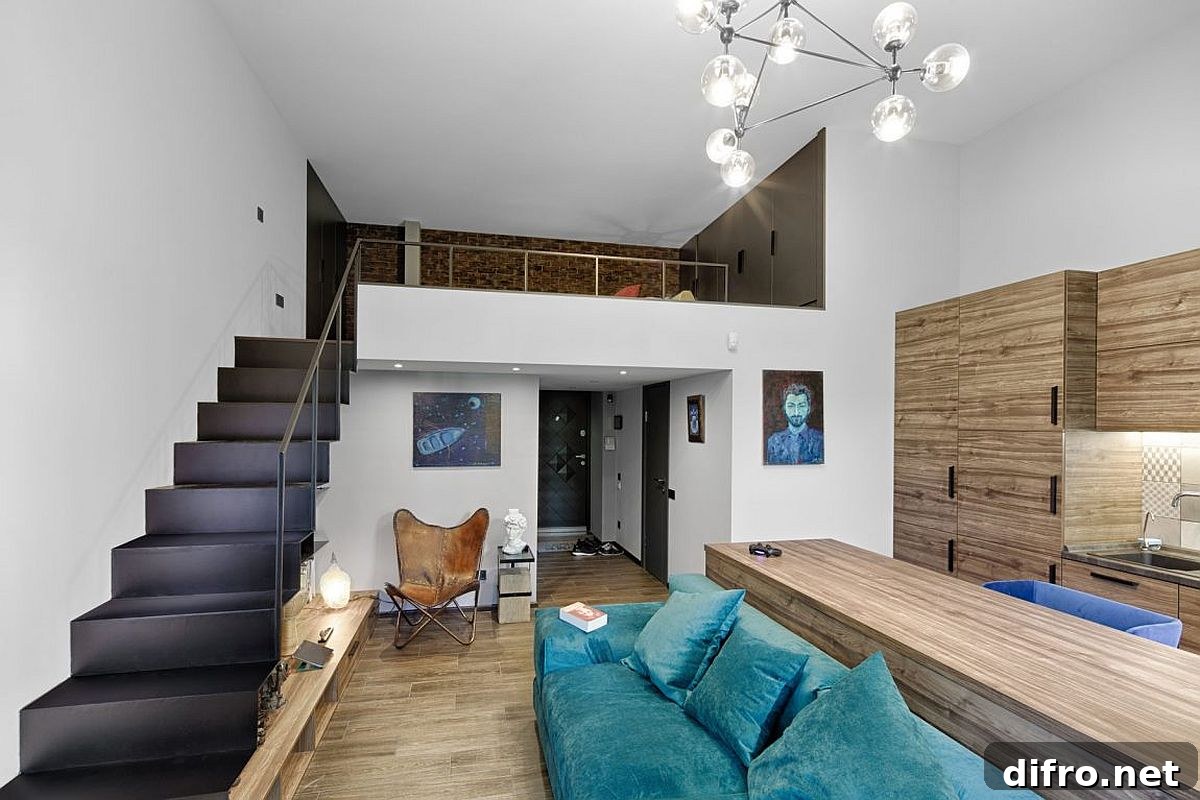 Small apartment in Kiev using a mezzanine bedroom to maximize space