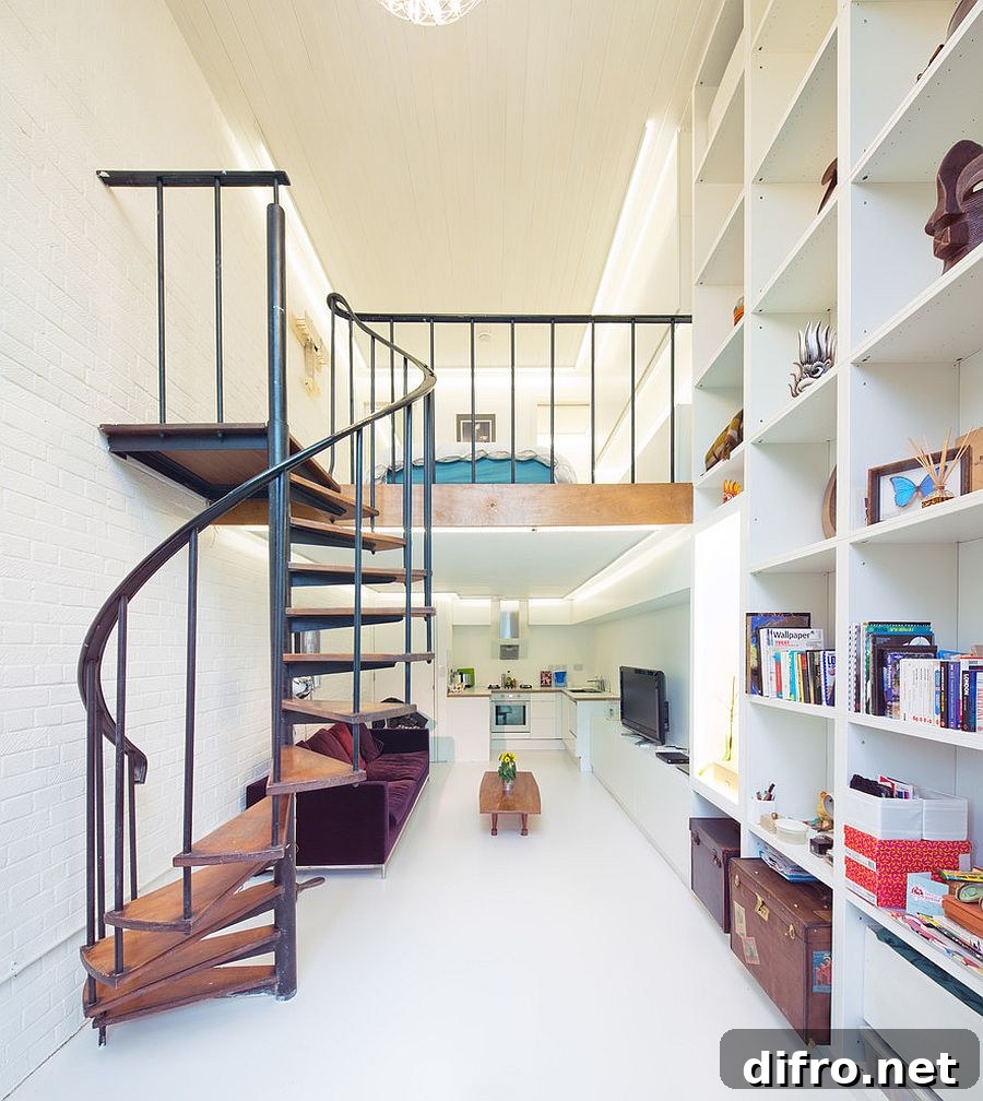 London apartment interior with mezzanine and spiral staircase