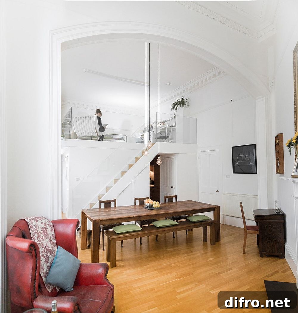 Mezzanine with Mediterranean charm overlooking the living area