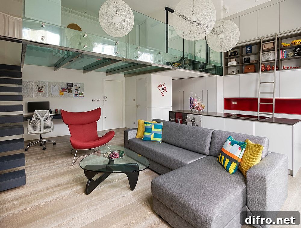 Steel and glass mezzanine level adding a modern edge to the interior