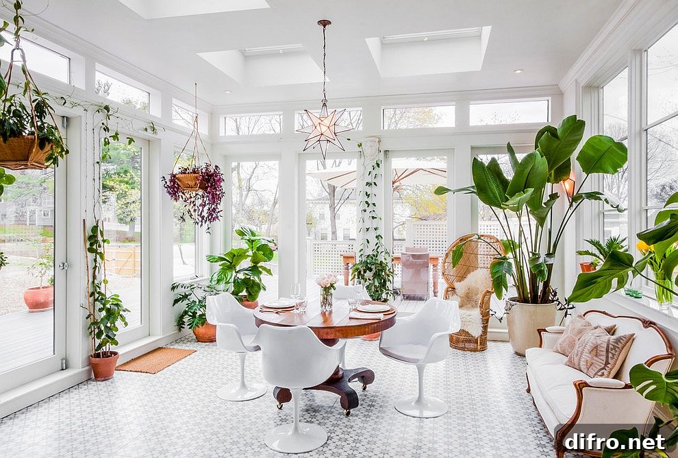 Modern white sunroom with many indoor plants