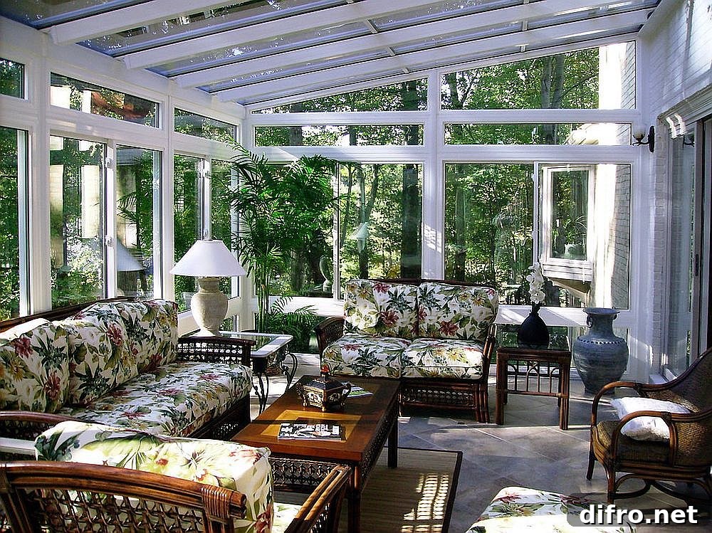 Tropical sunroom with balanced greenery