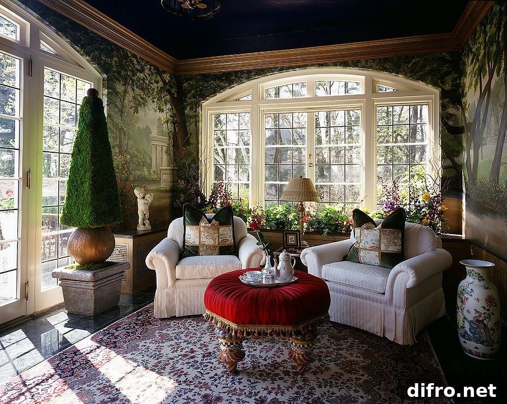 Sunroom with wall murals and flowering indoor plants