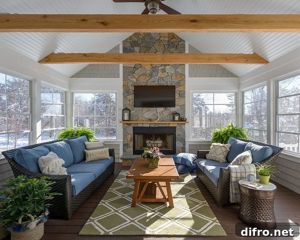 Symmetrical placement of indoor plants in a modern sunroom