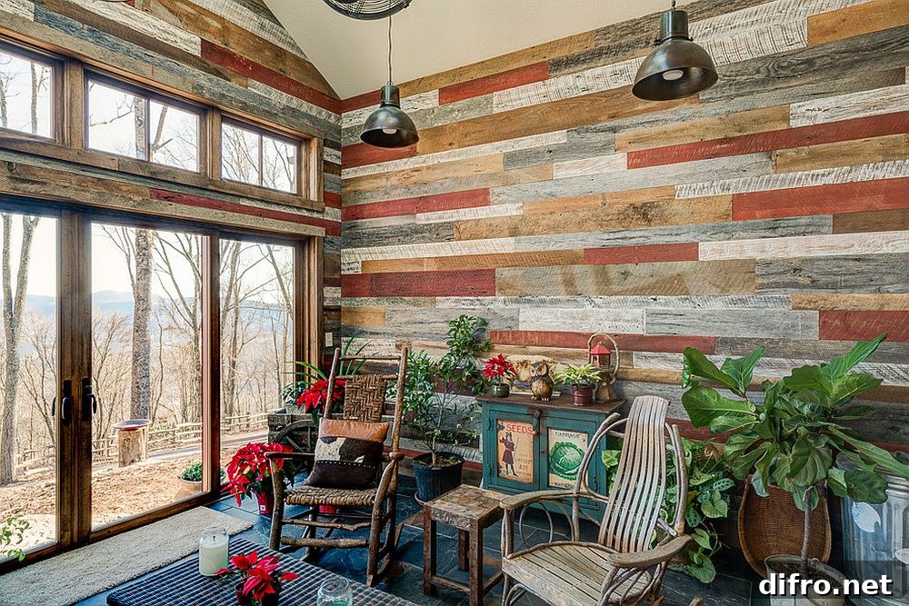 Rustic sunroom with reclaimed wood and plants