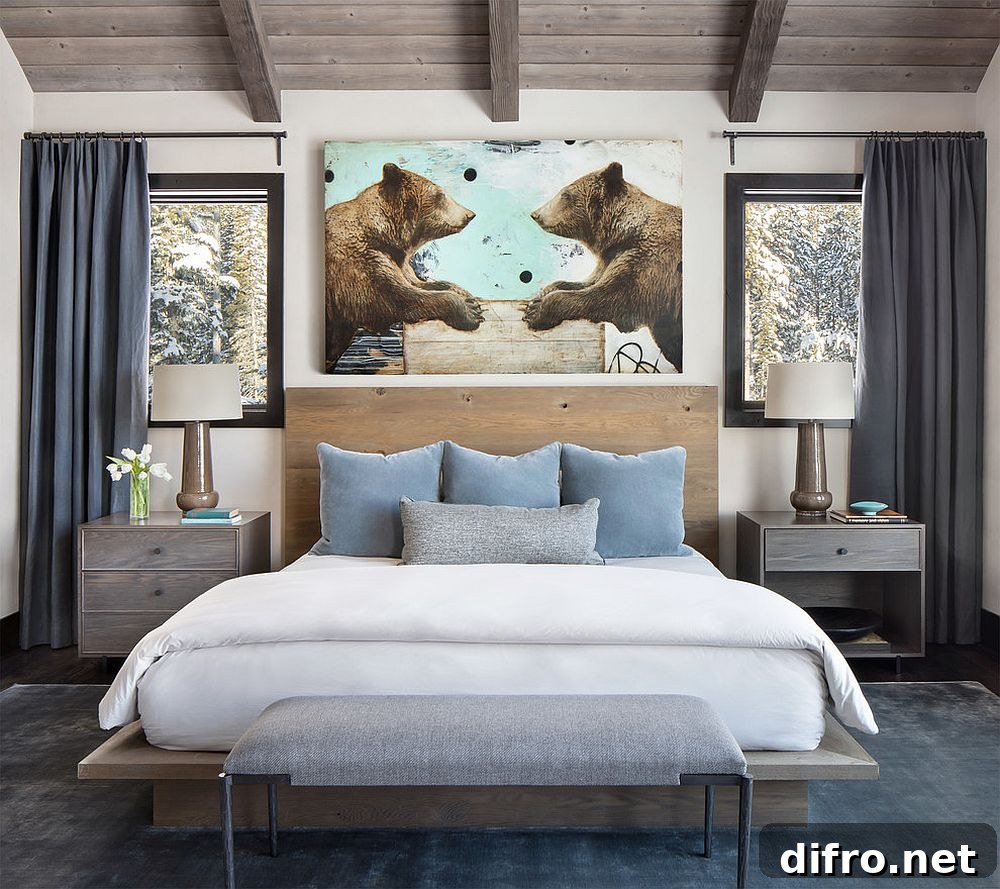 Light-filled rustic chic bedroom with vibrant accents
